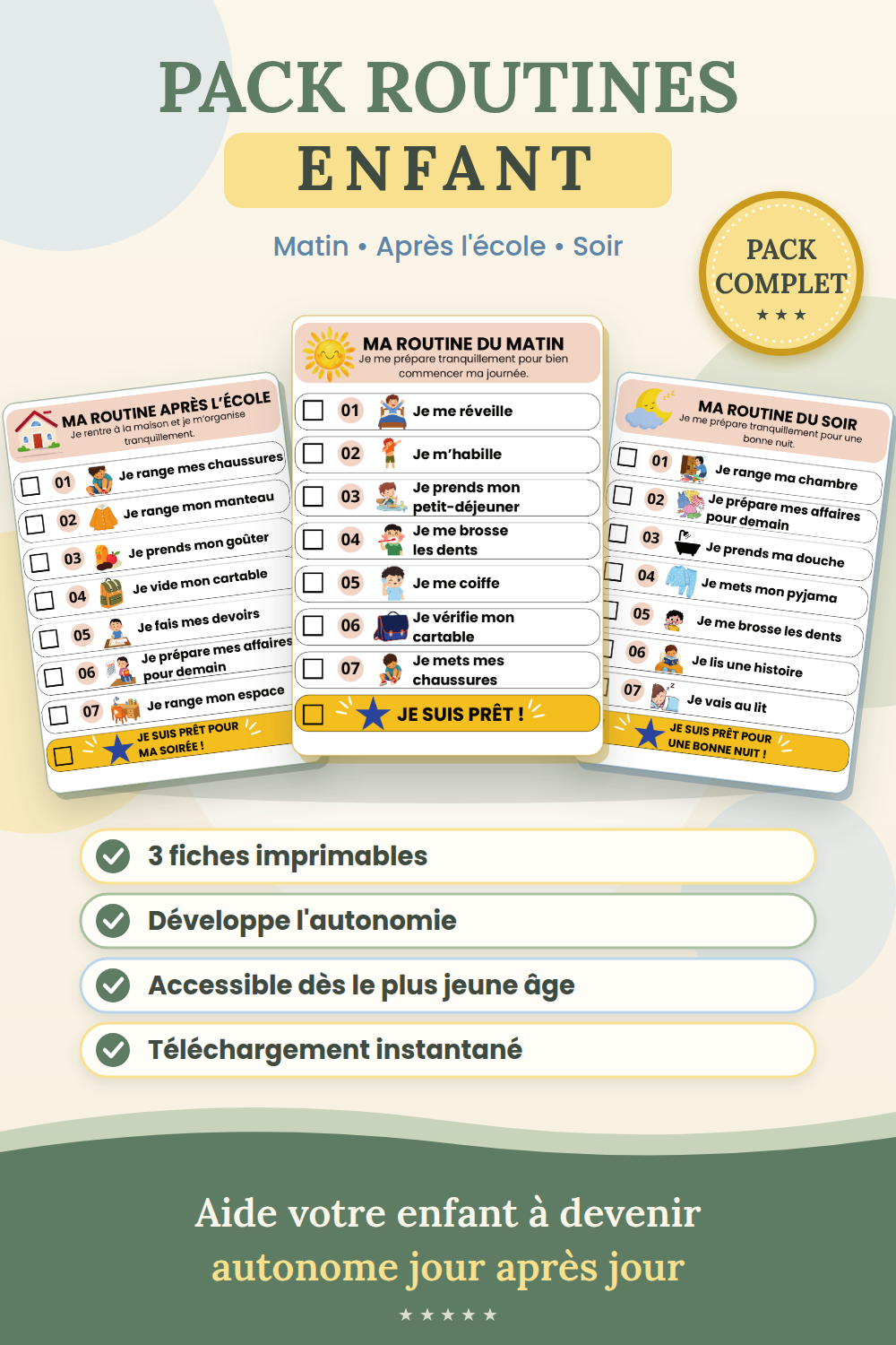 Pack Mes routines du quotidien – 3 fiches pour enfants - NUMERIQUE